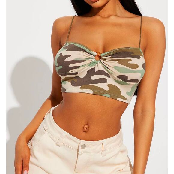 NWT Fashion Nova Large Green Camo Print Tank Crop Top Keyhole Bralette Ruched - Picture 1 of 4